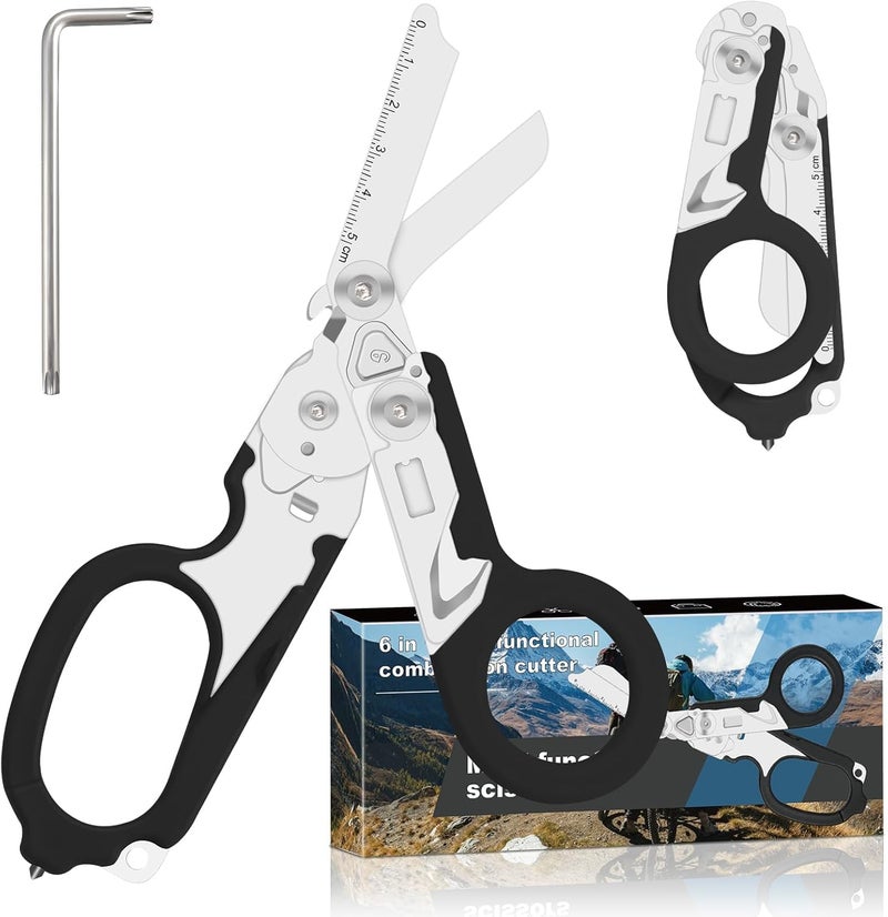 Lemasa 6 in 1 trauma shears, Folding Retractable Emergency Shears, Outdoor Camping Tools, Seat Belt Cutter, Oxygen Cylinder Wrench, Complimentary Adjustable Wrench (black) - Image 1